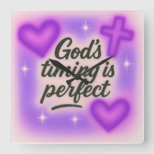 god's timing is perfect airbrush retro 90s purple square wall clock