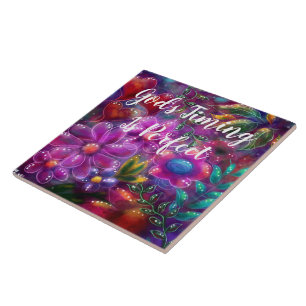 God's Timing is Perfect Floral Abstract Pink Red Tile