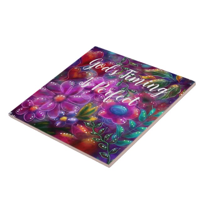 God's Timing is Perfect Floral Abstract Pink Red  Tile (Side)