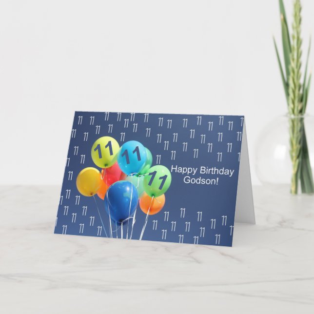 Godson, 11th birthday coloured balloons card (Front)