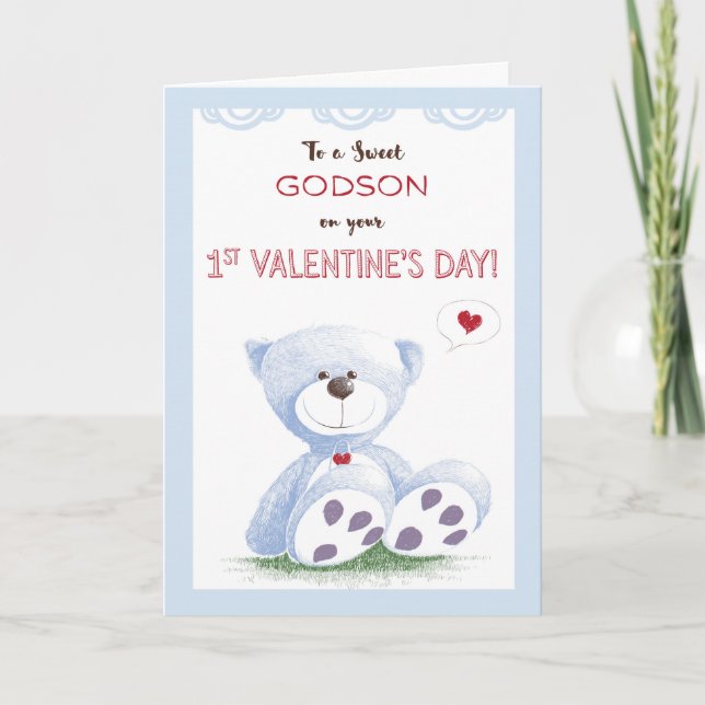 Godson, 1st Valentine's Day, Blue Teddy Bear on Gr Holiday Card (Front)