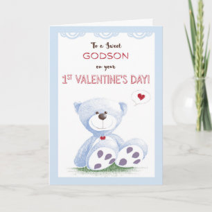Godson, 1st Valentine's Day, Blue Teddy Bear on Gr Holiday Card