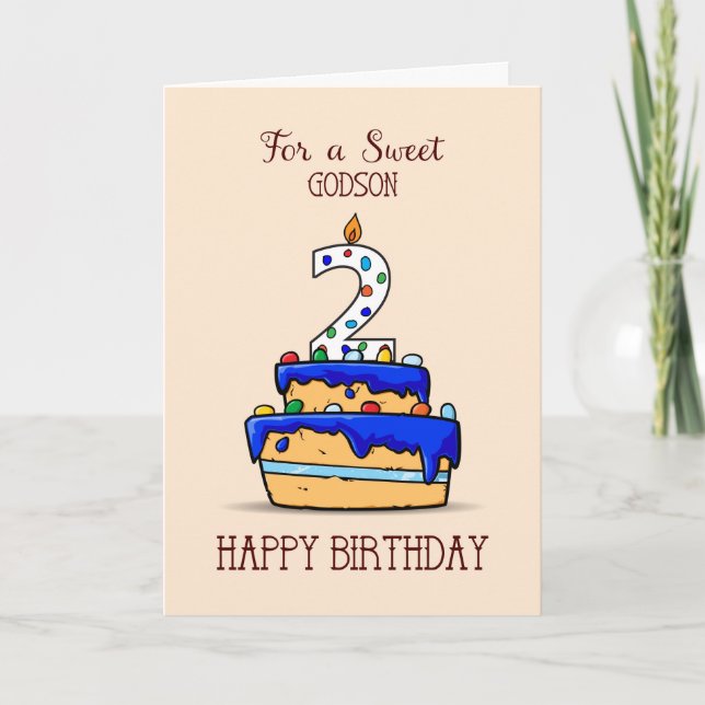 Godson 2nd Birthday, 2 on Sweet Blue Cake Card (Front)