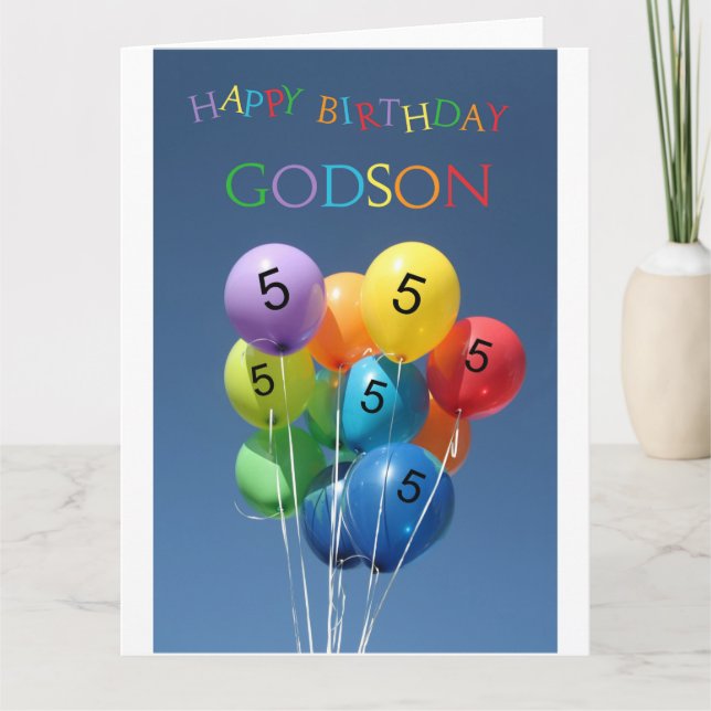 Godson, 5th birthday coloured balloons card (Front)