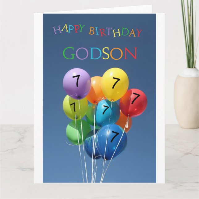 Godson, 7th birthday coloured balloons card (Front)