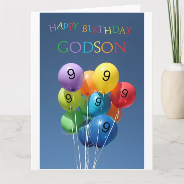 Godson, 9th birthday coloured balloons card (Front)