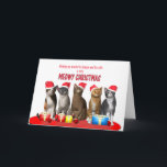 Godson and wife, Cats in Christmas hats Holiday Card<br><div class="desc">A funny and cute Christmas card with 5 cats sitting in a row wearing Santa hats. The words Meowy Christmas are above the cats.Any cat lover will love this! A Christmas card for your Godson and his family.</div>