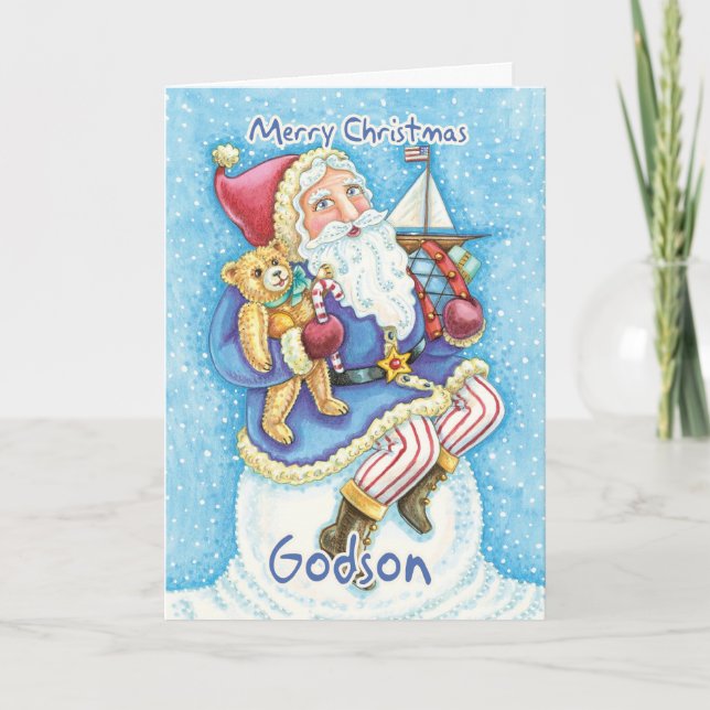 Godson Christmas Card With Cute Santa And Toys (Front)