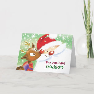 Godson, Christmas, Cute Reindeer & Santa Card