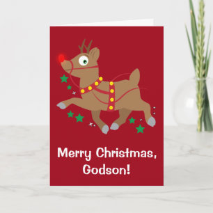 Godson Christmas with Red-Nosed Reindeer Holiday Card