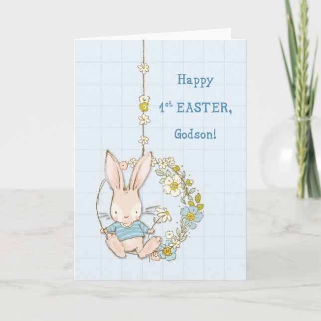 Godson First 1st Easter Cute Bunny on Flower Swing Card (Front)