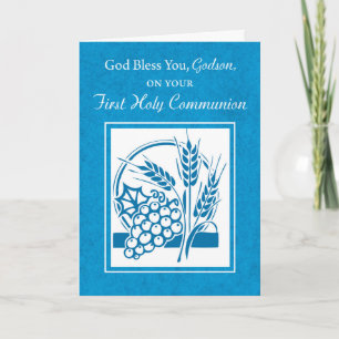 Godson First Communion, Wheat, Grapes Blue Card