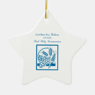 Godson First Communion, Wheat, Grapes Blue Ceramic Tree Decoration