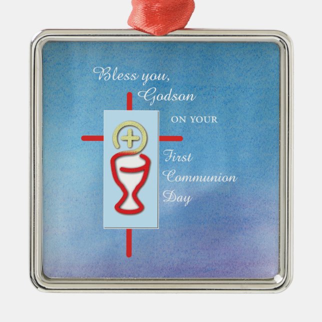 Godson, First Holy Communion, Blue Metal Tree Decoration (Front)
