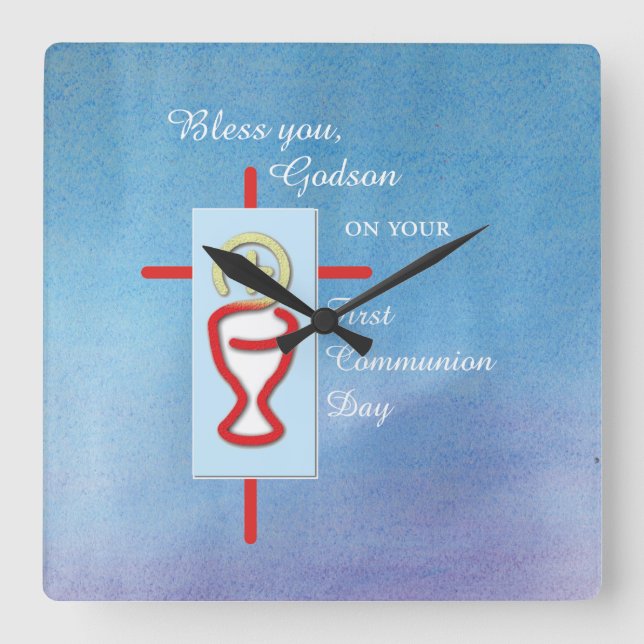 Godson, First Holy Communion, Blue Square Wall Clock (Front)