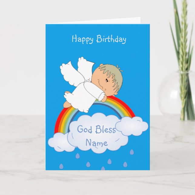 Godson Gift Cute Angel Rainbow Personalised Holiday Card (Front)