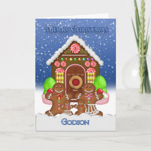 Godson Gingerbread House and Family Christmas Gree Holiday Card