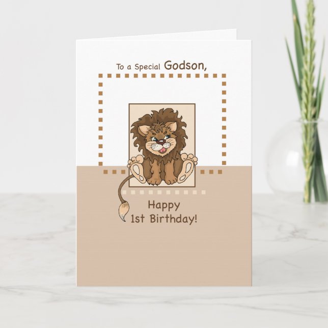 Godson, Happy 1st Birthday Baby Lion Card (Front)