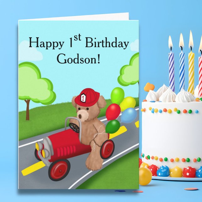 Godson Happy 1st Birthday Teddy Bear  Firetruck Card (Creator Uploaded)