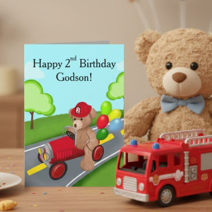 Godson Happy 2nd Birthday Teddy Bear Firetruck Card