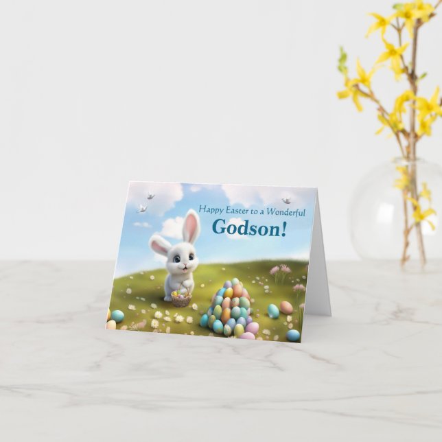 Godson Happy Easter Cute Bunny and Stacks of Eggs Card (Yellow Flower)
