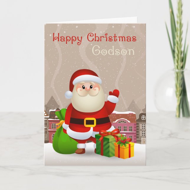 Godson Santa With Sack And Gifts, Christmas Card (Front)