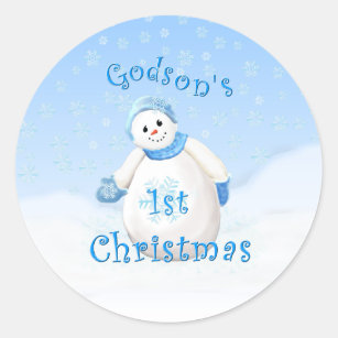 Godson's 1st Christmas Snowman Plate Classic Round Sticker