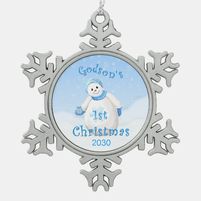 Godson's 1st Christmas Snowman Snowflake Pewter Christmas Ornament (Front)