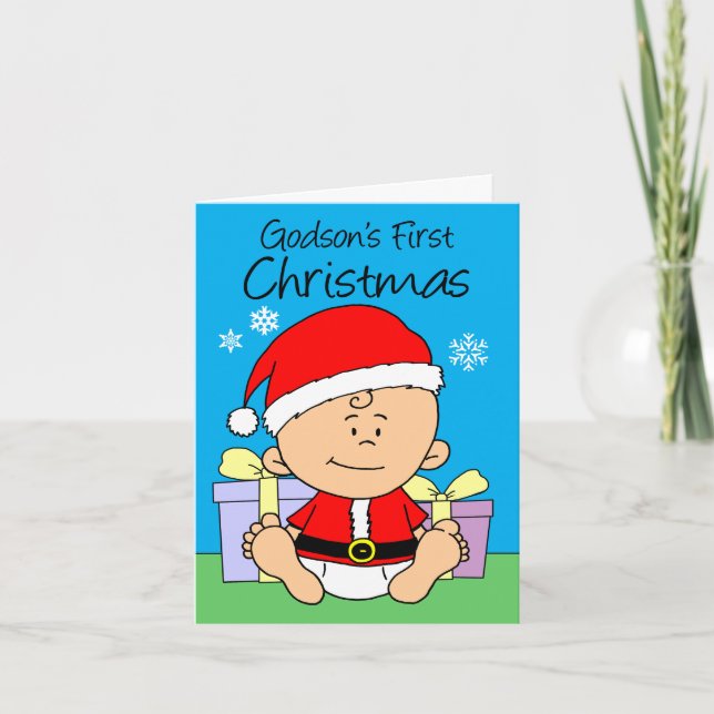 Godson's First Christmas Cute Little Santa Holiday Card (Front)