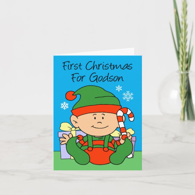 Godson's First Christmas Elf Holiday Card (Front)