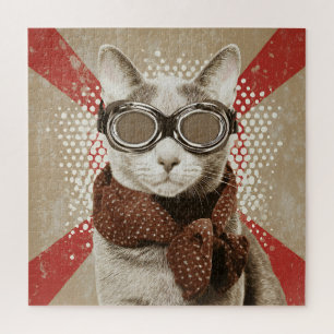 Goggle-Wearing Cat Scarf Retro Flag Portrait Jigsaw Puzzle
