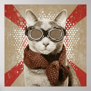 Goggle-Wearing Cat Scarf Retro Flag Portrait Poster