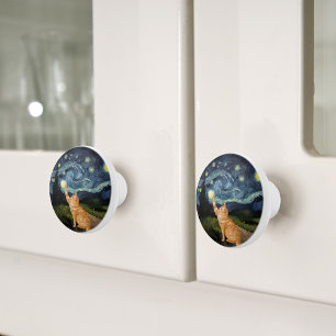 Gogh Kitty Starry Night Cat Ceramic Knob