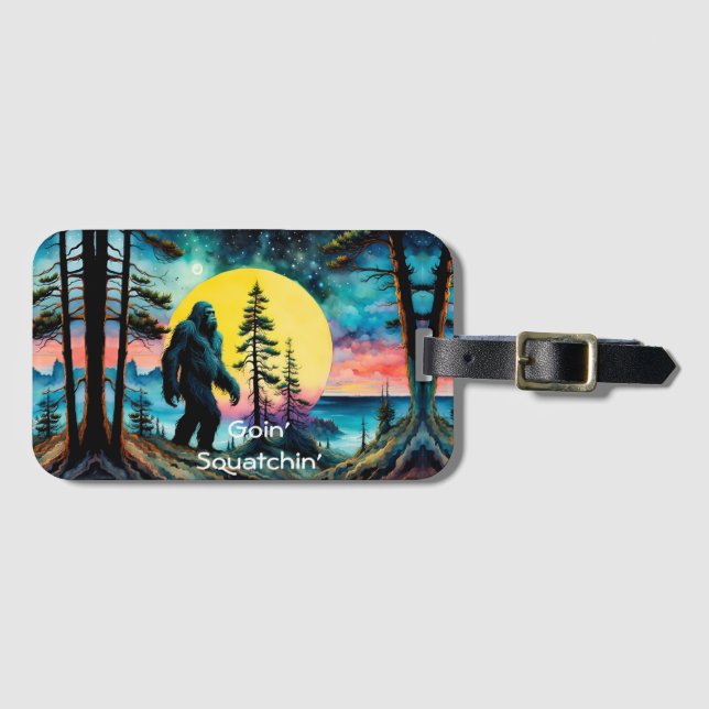 Goin' Squatchin' Colourful Sasquatch Landscape Luggage Tag (Front Horizontal)