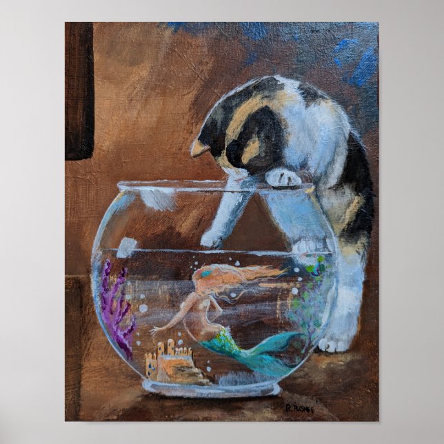 "Going Fishing", Cat and Mermaid whimsical Poster (Front)