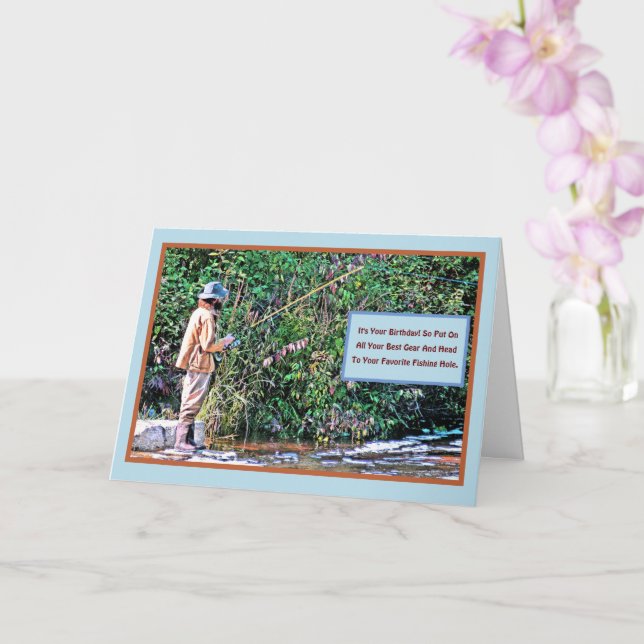 GOING FISHING/HAPPY BIRTHDAY/FISHERMAN ON RIVER BA CARD (Orchid)