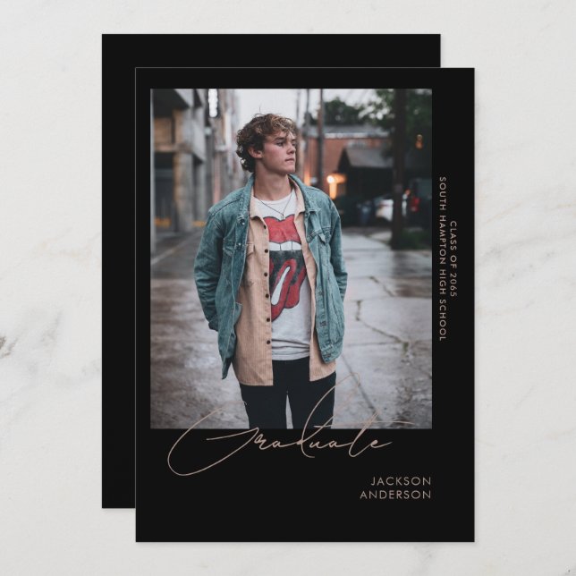Going Solo Photo Black Graduation Announcement (Front/Back)