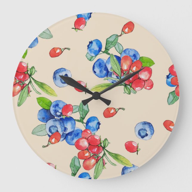 Goji, blueberry: watercolor illustration pattern. large clock (Front)