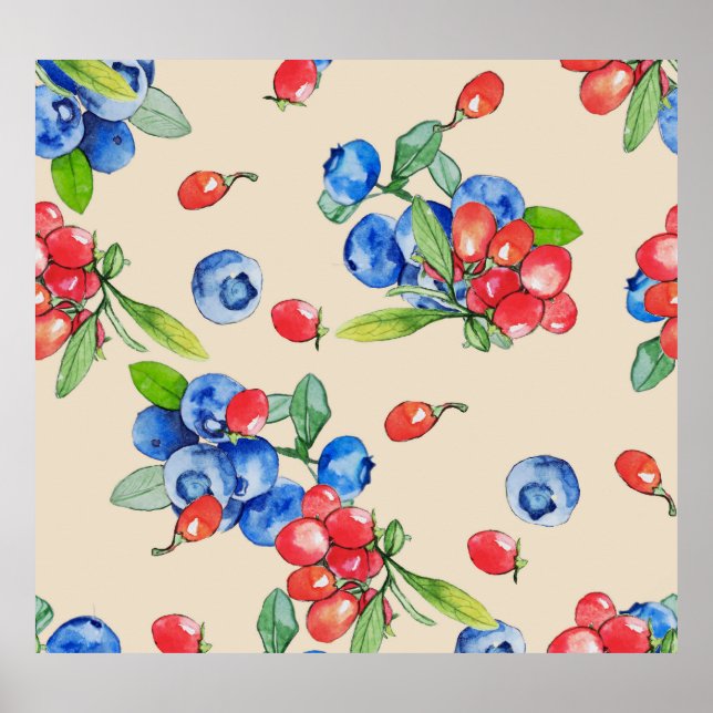 Goji, blueberry: watercolor illustration pattern. poster (Front)