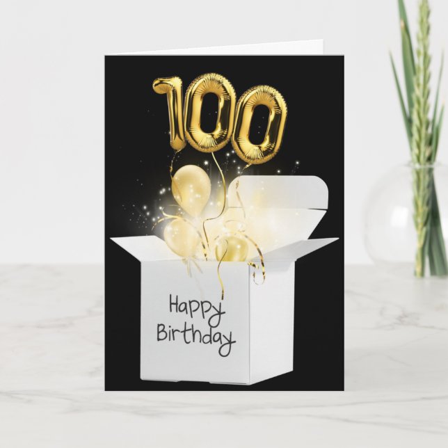 Gold 100th Birthday Balloons In White Box  Card (Front)