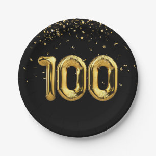 Gold 100th Birthday Balloons With Confetti Paper Plate