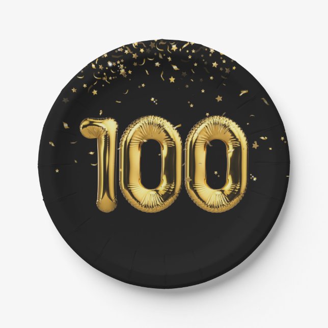 Gold 100th Birthday Balloons With Confetti Paper Plate (Front)