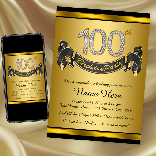 Gold 100th Birthday Party Invitation (100th birthday party invitation. Instant download and printed invitations available.)