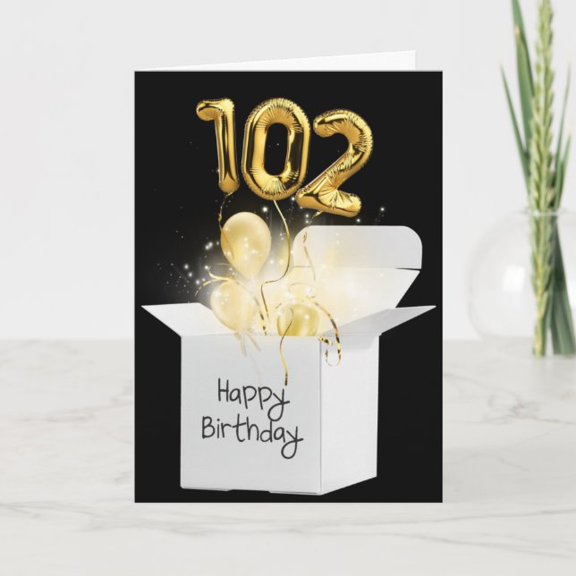 Gold 102nd Birthday Balloons In White Box Card (Front)