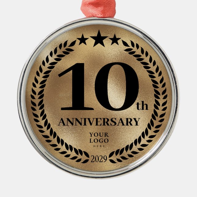 Gold 10th Anniversary Business Logo Christmas Metal Tree Decoration (Front)