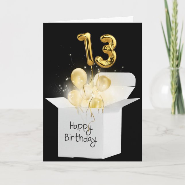Gold 13th Birthday Balloons In White Box Card (Front)