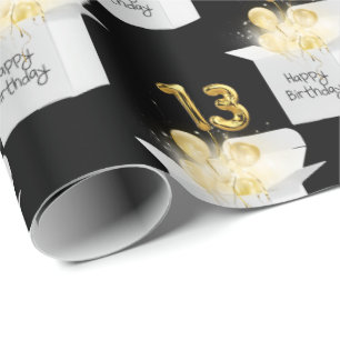 Gold 13th Birthday Balloons in White Box Wrapping Paper