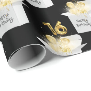 Gold 16th Birthday Balloons in White Box Wrapping Paper