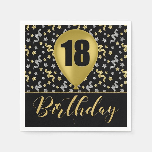 Gold 18 Birthday in Gold and Silver on Black Napkin (Front)