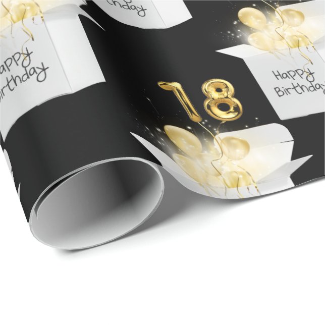 Gold 18th Birthday Balloons in White Box Wrapping Paper (Roll Corner)